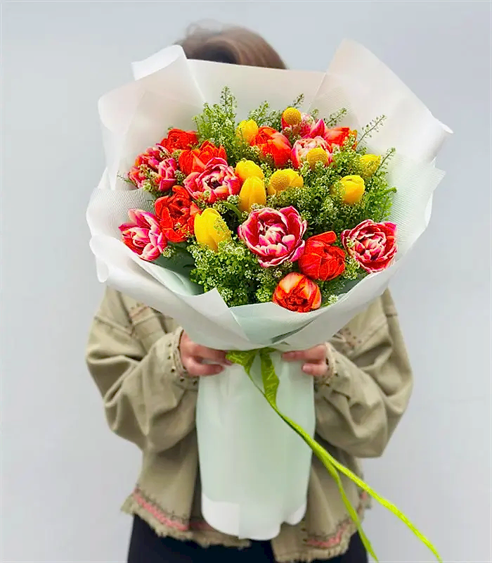 21 Turuncu Pembe Sarı Lale Buketi