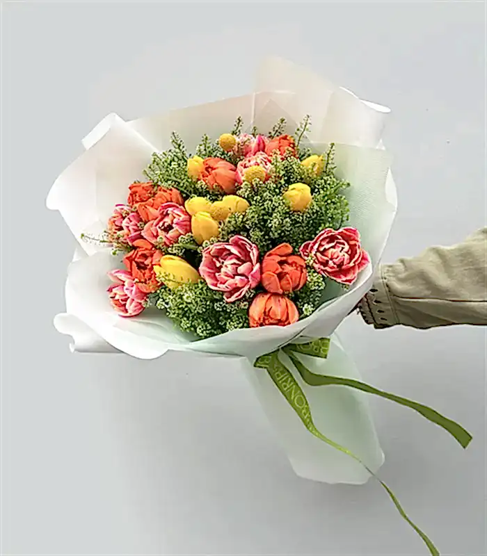 21 Turuncu Pembe Sarı Lale Buketi