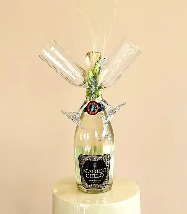 Alkolsüz Beyaz Şampanya ve 2Li Flüt Kadeh Hediye Kutlama Seti