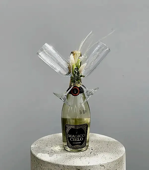 Alkolsüz Beyaz Şampanya ve 2Li Flüt Kadeh Hediye Kutlama Seti