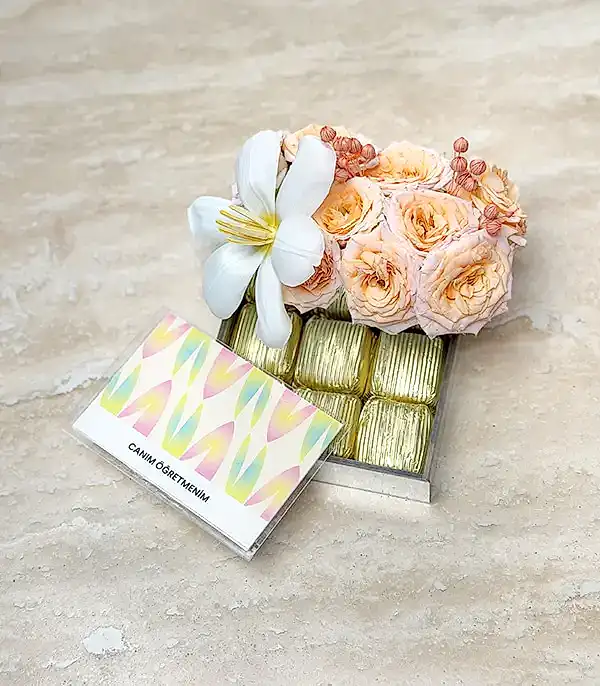 Canım Öğretmenim Somon Gül Lale Çikolata Mini Tepsi