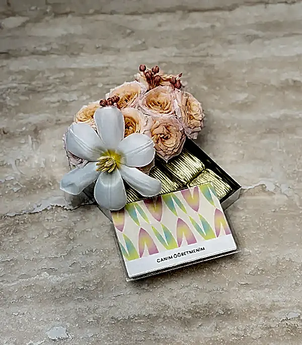 Canım Öğretmenim Somon Gül Lale Çikolata Mini Tepsi-7