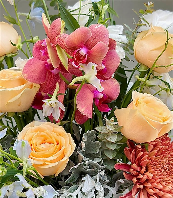 Cecelia Krem Gül Delfinyum Narçiçeği Orkide Soft Aranjman