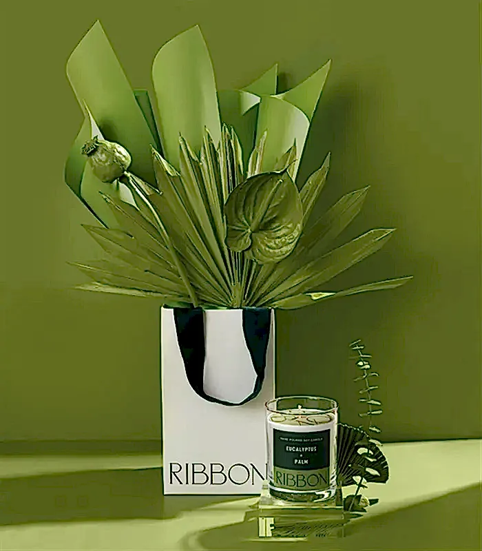 Eucalyptus + Palm Mum Kuru Çiçek Çantalı Hediye Seti