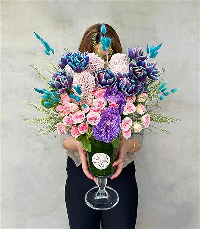 Galaksi Lale Pembe Sümbül Vazo Aranjman