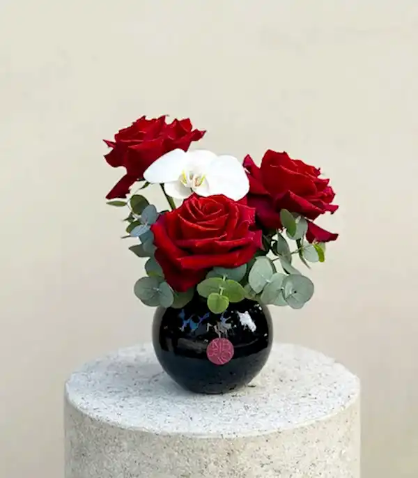 Grace Mini Siyah Vazoda Kırmızı Gül Orkide