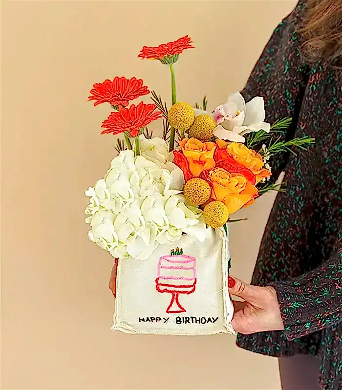 Happy Birthday El İşi Nakışlı Kanvas Kutuda Turuncu Gül Ortanca Aranjmanı