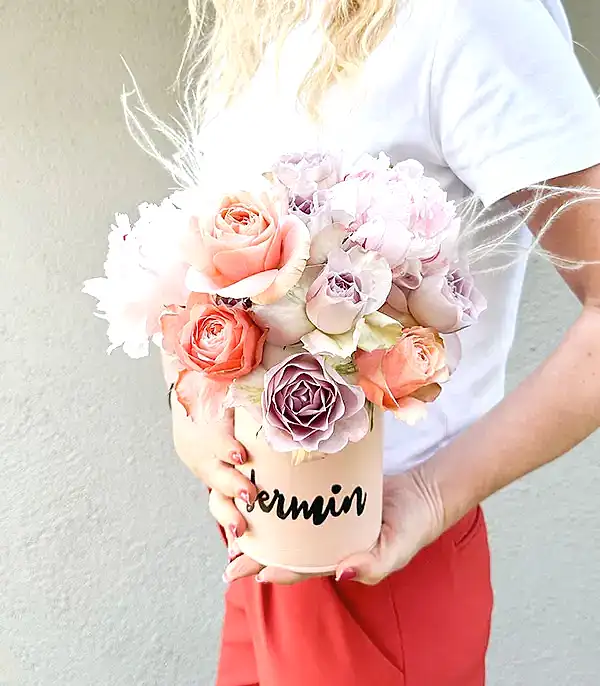 İsme Özel Pembe Şakayıklı Somon Lila Mini Aranjman