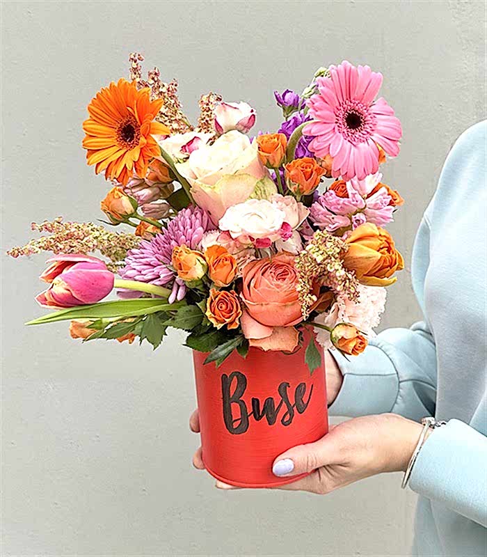 İsme Özel Turuncu Pembe Vazoda Yaz Çiçekleri