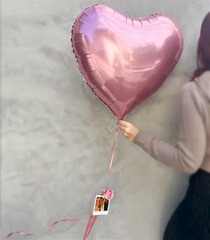 Kişiye Özel Instax Polaroid Fotoğraflı Pembe Uçan Kalp Balon 60 cm