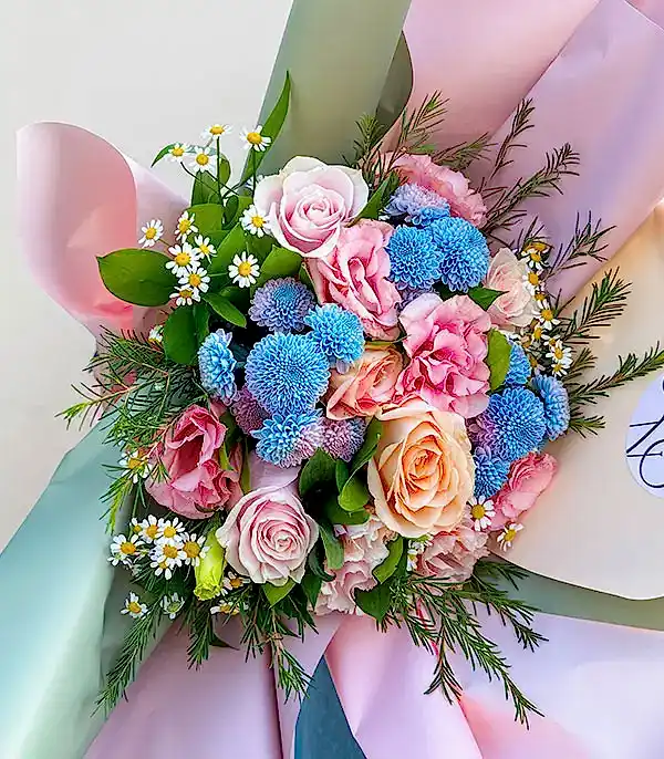 Luana Pembe Kayısı Gül Unicorn Krizantem Mini Buket