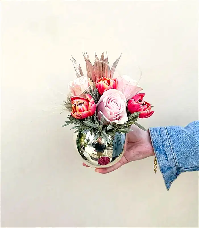 Lustre Mini Silver Vazoda Pembe Lale Gül Aranjmanı