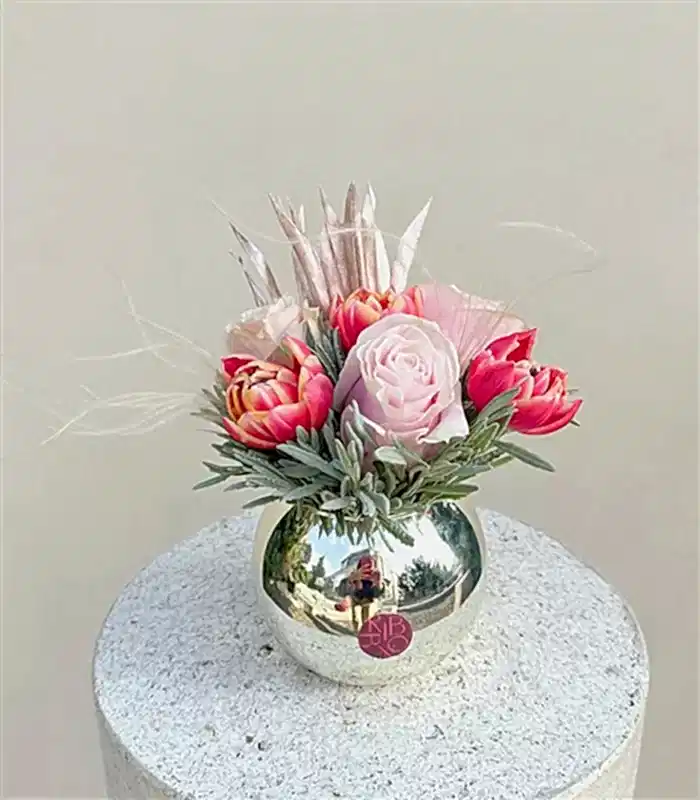 Lustre Mini Silver Vazoda Pembe Lale Gül Aranjmanı