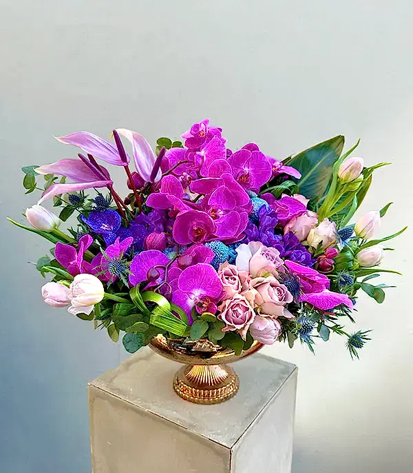 Novella Bakır Vazo Lila Mor Çiçekler