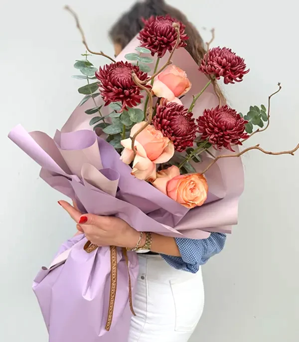 November Somon Gül Bordo Kasımpatı Buketi