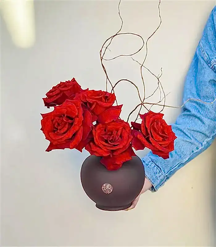 Oui Oui Kahverengi Seramik Vazoda Kırmızı Gül Aranjmanı