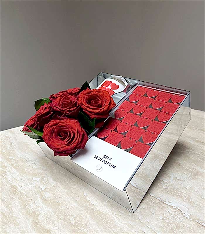 Seni Seviyorum Kırmızı Gül Mum Çikolata Hediye Kutusu