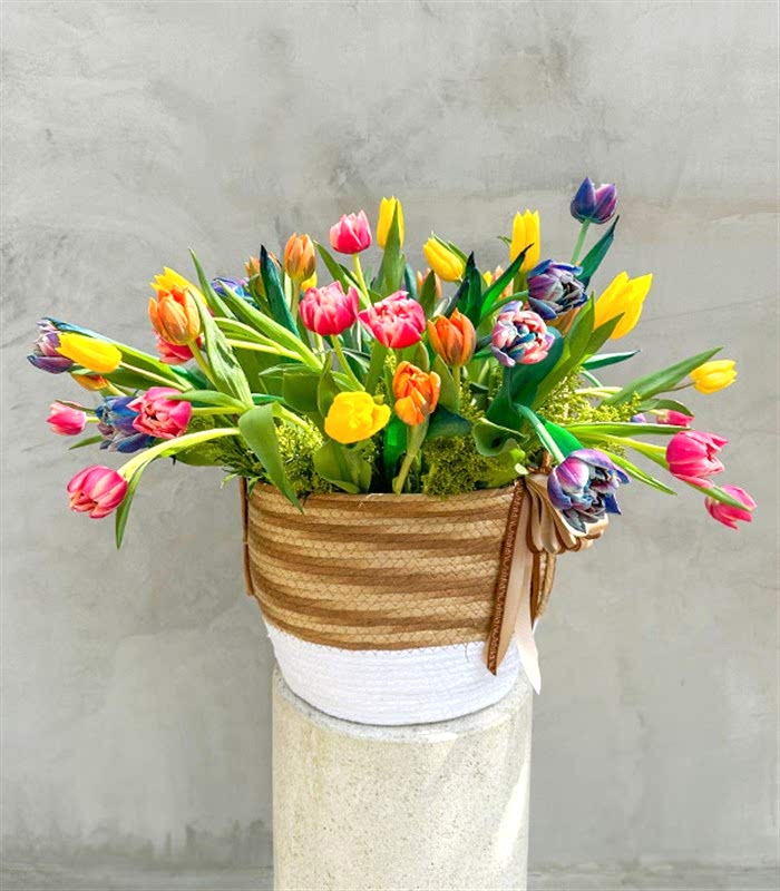 Sepette 60Lı Galaksi Lale Pembe Turuncu Sarı Laleler Aranjmanı