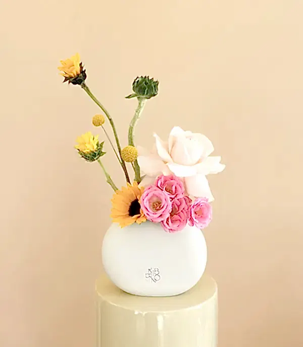 Sunspell Krem Mini Seramik Vazoda Ayçiçeği Pembe Gül Aranjmanı