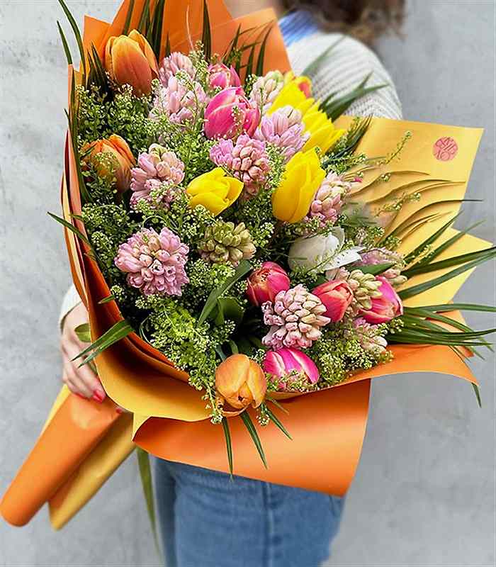 Sydney Deluxe 20 Pembe Sümbül 20 Turuncu Pembe Sarı Lale Buketi