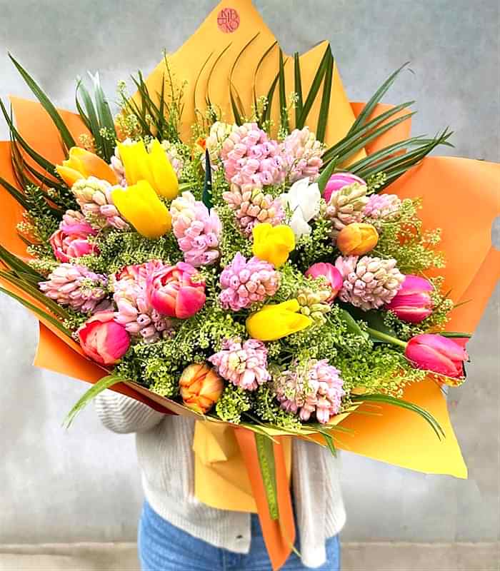 Sydney Deluxe 20 Pembe Sümbül 20 Turuncu Pembe Sarı Lale Buketi