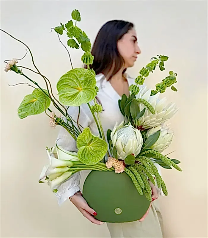 Victoria Dreams Seramik Vazoda Beyaz Protea Yeşil Antoryum Aranjmanı